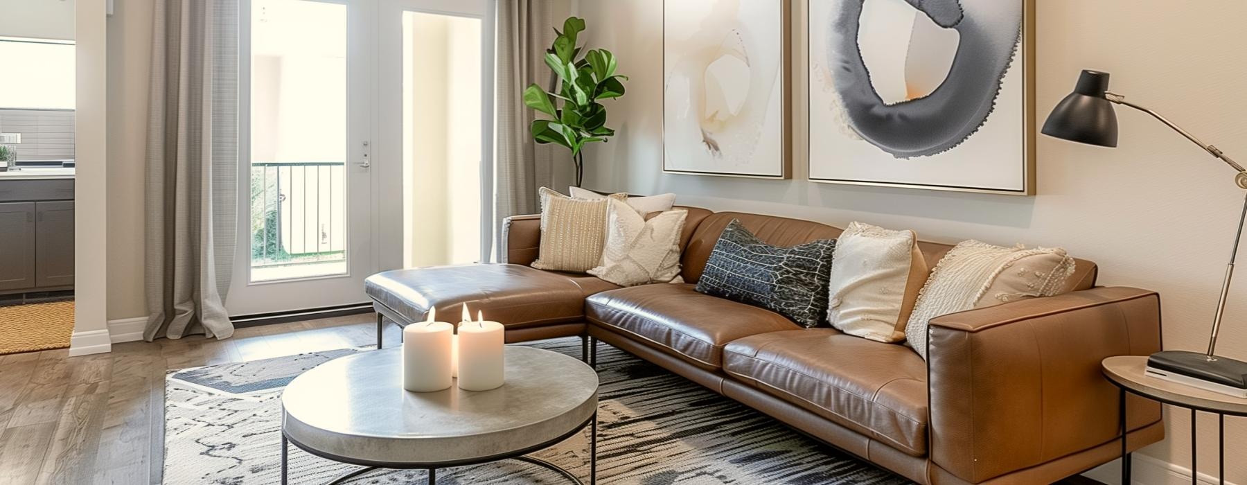 a living room with a couch and a coffee table